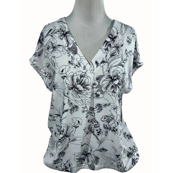 Liz Claiborne White Black Floral Print V-Neck Blouse Medium Short Sleeve NEW - Picture 1 of 12